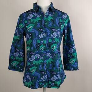 Lands' End Wonen's Paisley No Iron Supima Cotton Long Sleeve Shirt Size 2